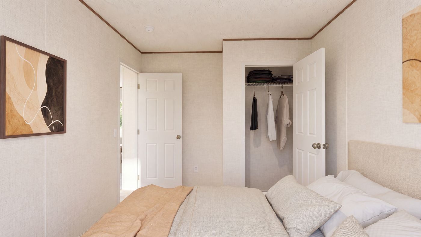 Oak floor plan home, bedroom