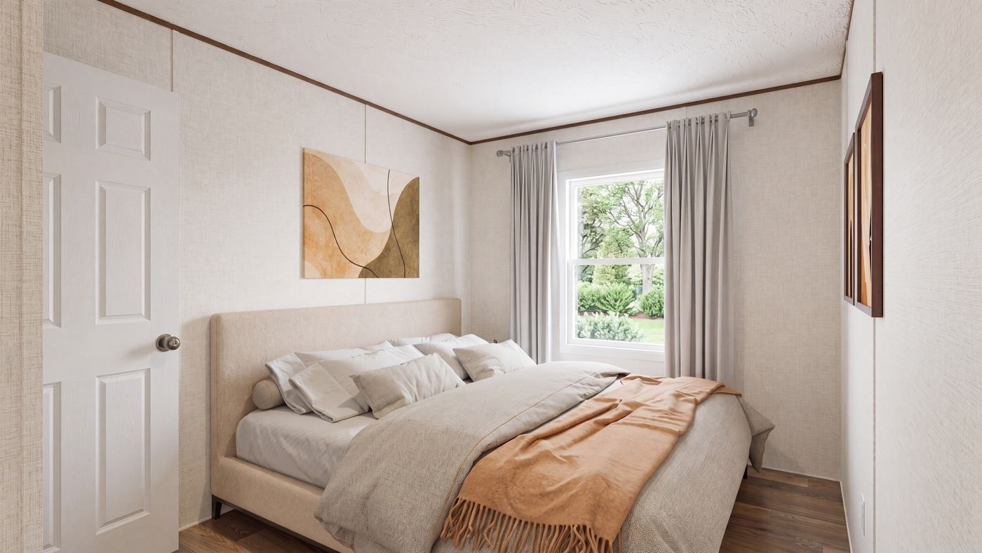Oak floor plan home, bedroom